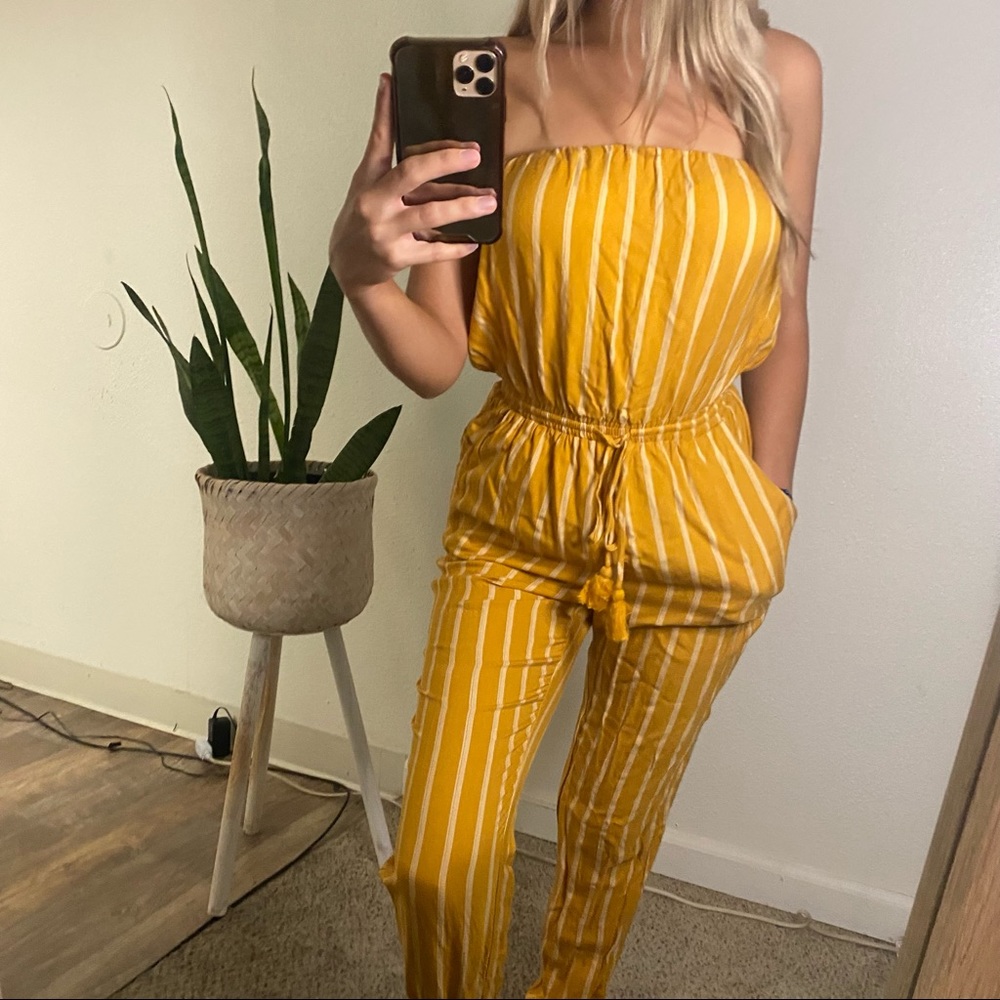 yellow striped jumpsuit with tie waistline